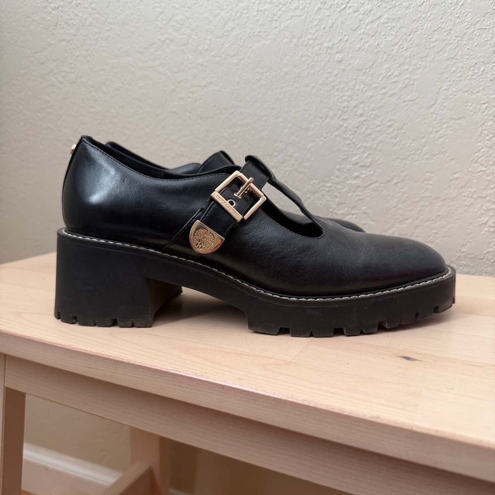 Vince Camuto Black Platform Shoes with Gold Buckle